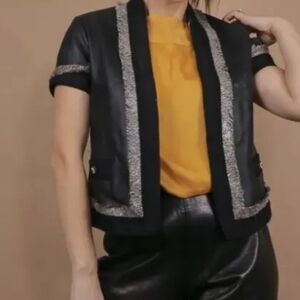 BCBG Max Azria Women's Black Leather Open Front Fringe Bikercore Jacket Size S